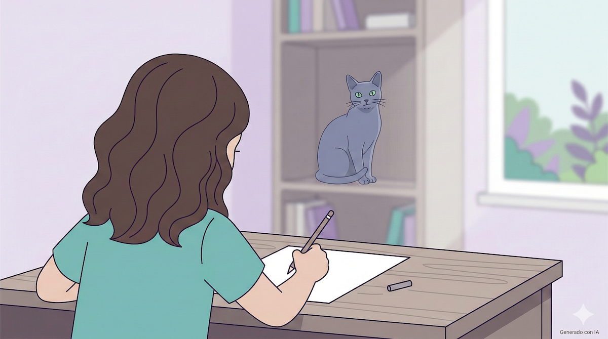 Niña estudiando con su gato azul ruso - Método Hábito de Estudio
